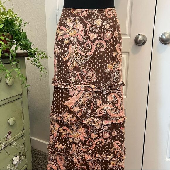 Anthropologie Tapemeasure 100%Linen Brown Pink Floral Paisley Ruffle Maxi Skirt - Picture 4 of 15